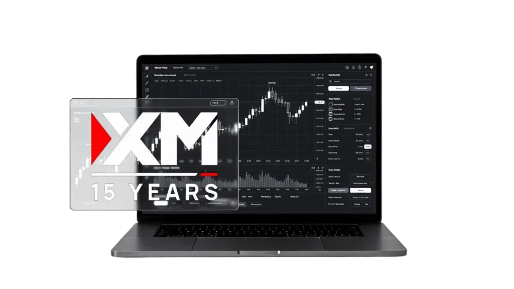 XM trading platform displayed on a laptop with XM 15 Years anniversary logo.